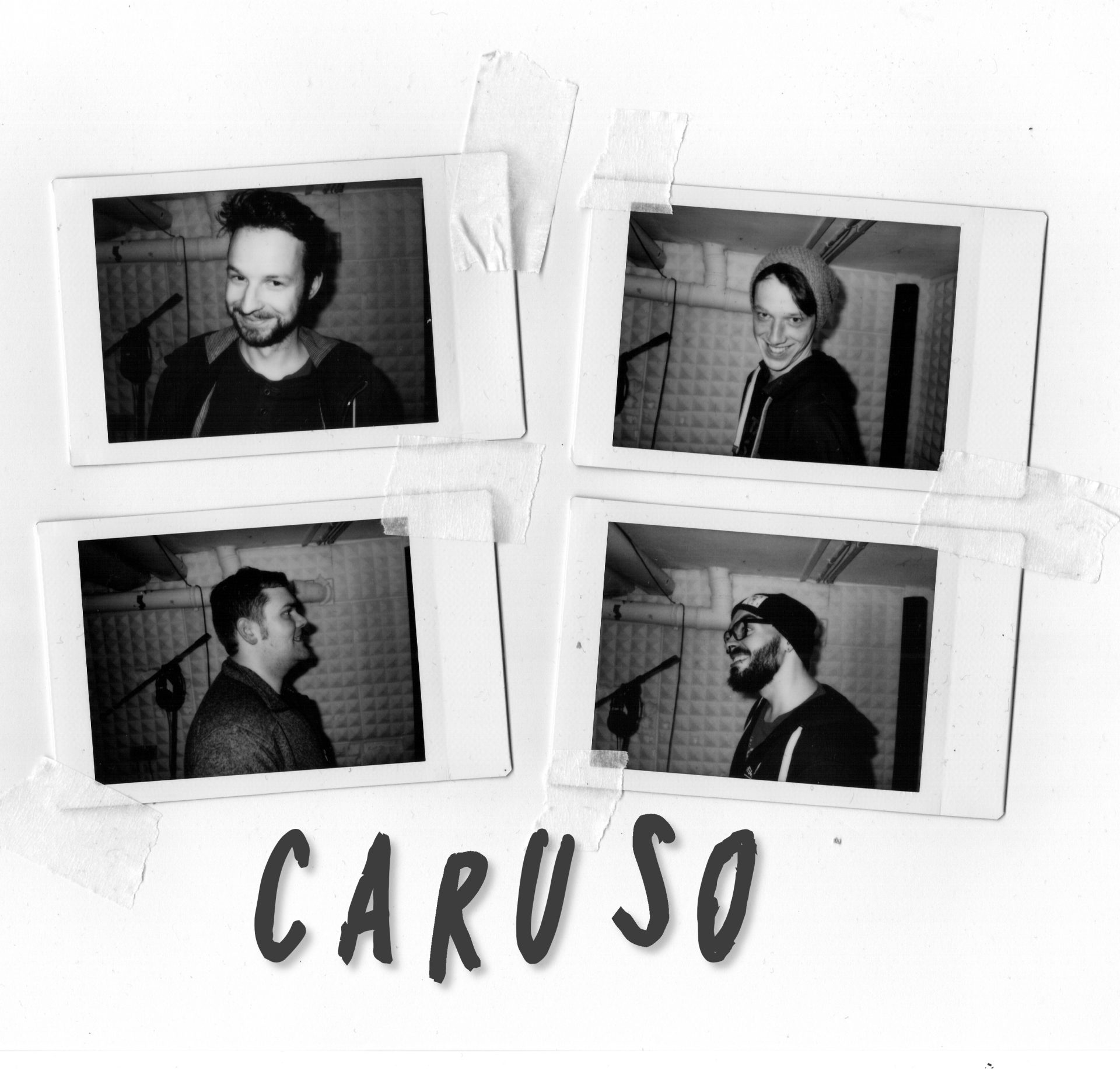 Vier nebeneinandergeklebte Fotos von Einzelpersonen, darunter der Schriftzug "Caruso".
